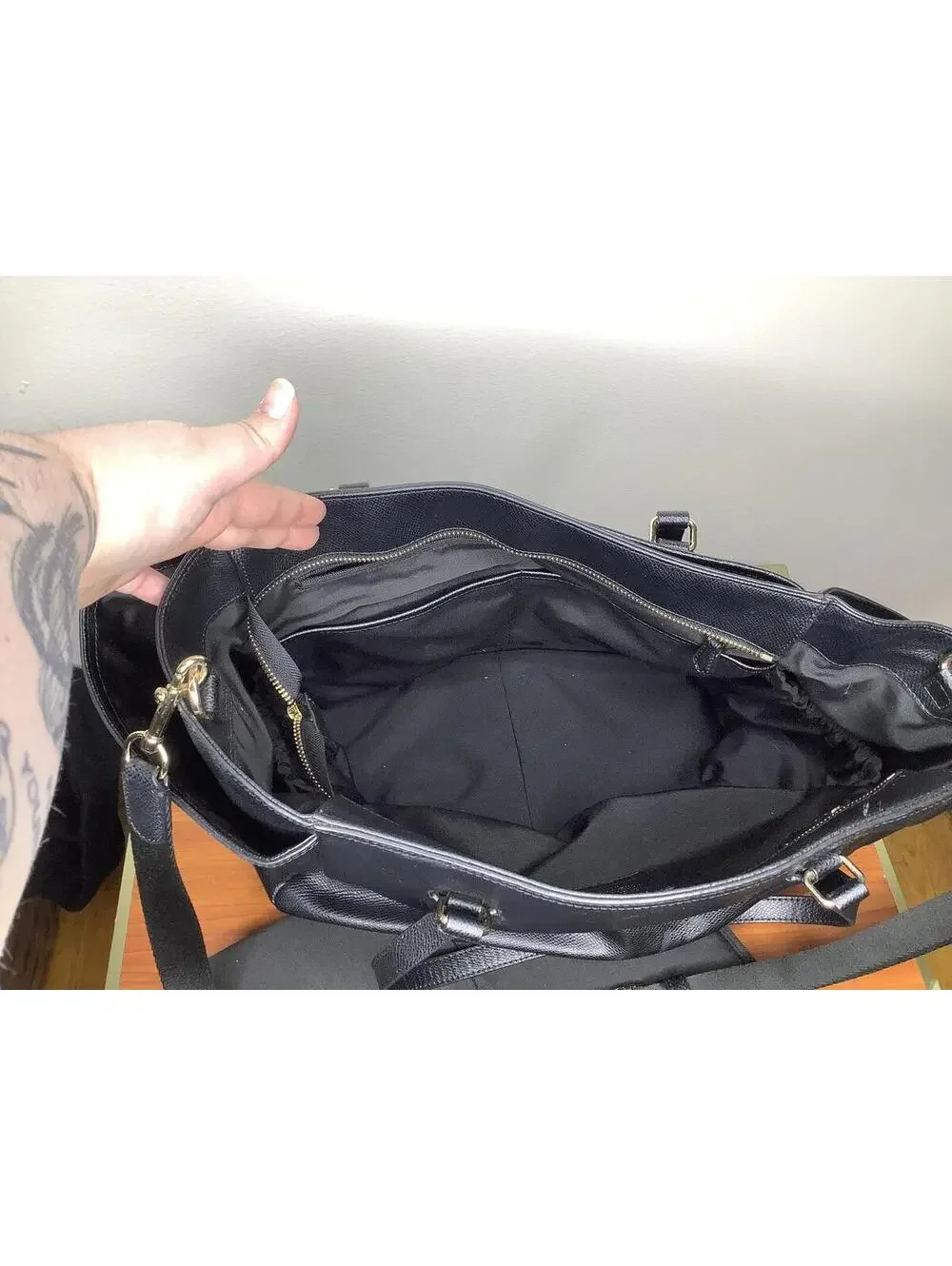 < Coach Black Leather Large Diaper Tote Bag > - Picture 9 of 13